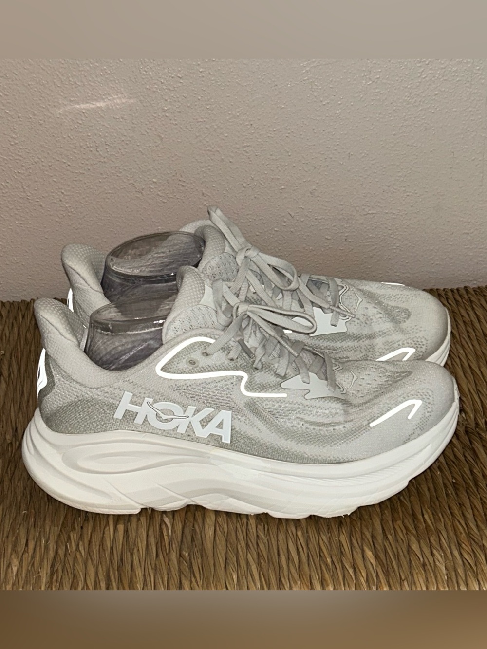 HOKA Clifton 10 Gray White Max Cushion Running Walking Sneakers Women’s 9.5